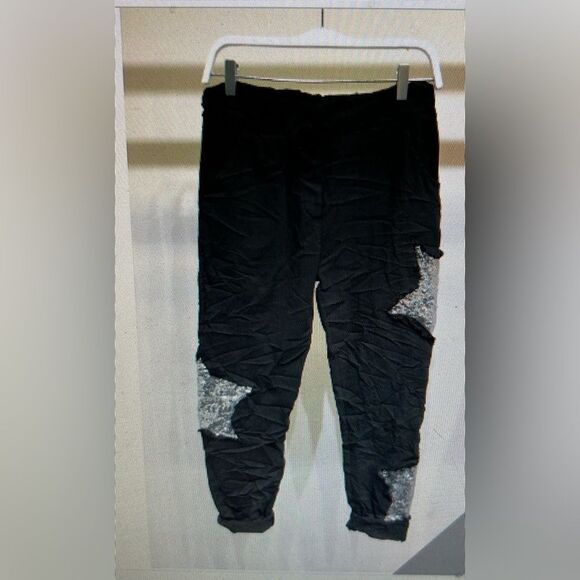 Venti6 Black Sewuin Star Patch Crinkle Joggers NWT Size S Made in Italy - Picture 1 of 2
